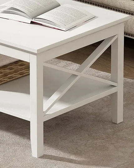 ChooChoo White Coffee Table Classic X Design for Living Room, Rectangular Modern Cocktail Table with Storage Shelf, 47 Inch - LeafyLoom