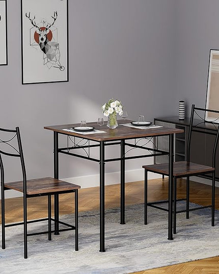 3-Piece Kitchen Dining Room Table Set for Small Spaces，Iron Wood Square Table with 2 Chairs for Kitchen Dining Room Furniture - LeafyLoom