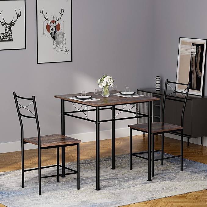3-Piece Kitchen Dining Room Table Set for Small Spaces，Iron Wood Square Table with 2 Chairs for Kitchen Dining Room Furniture - LeafyLoom