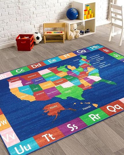 LIVEBOX Educational USA Map Kids Nursery Rug, 4x6 Ft Baby Playmats for Infant and Toddlers, Non-Slip Alphabet Kids Rug Mat for Playroom, Classroom, ABC Kids Room Rug for Bedroom - LeafyLoom