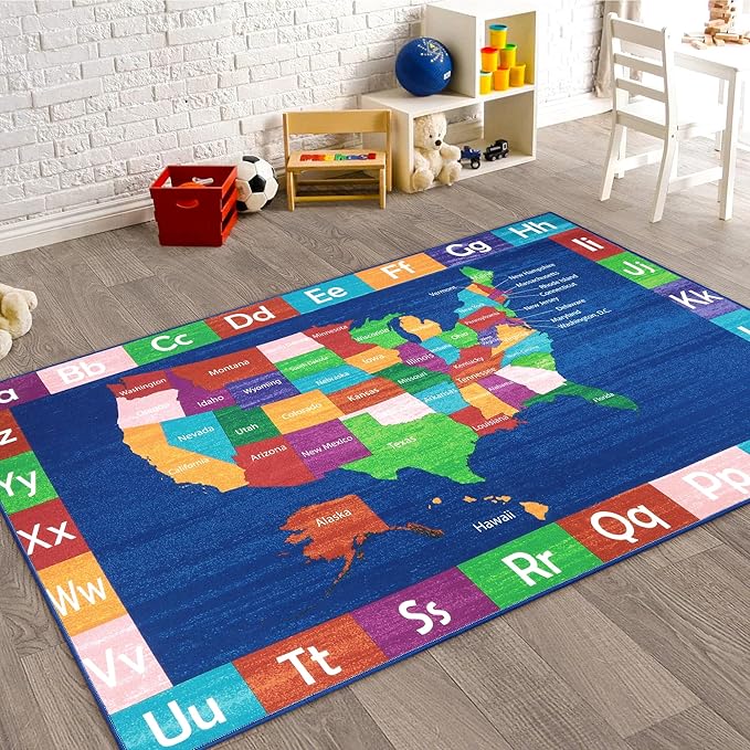 LIVEBOX Educational USA Map Kids Nursery Rug, 4x6 Ft Baby Playmats for Infant and Toddlers, Non-Slip Alphabet Kids Rug Mat for Playroom, Classroom, ABC Kids Room Rug for Bedroom - LeafyLoom