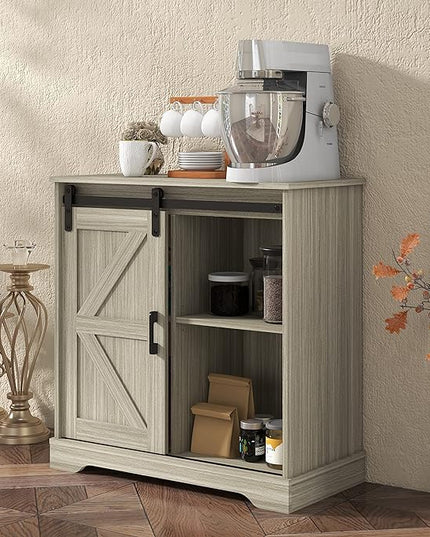 Panana Sliding Barn Door Buffet Sideboard Storage Cabinet Coffee Bar Kitchen Farmhouse Style (Oak) - LeafyLoom