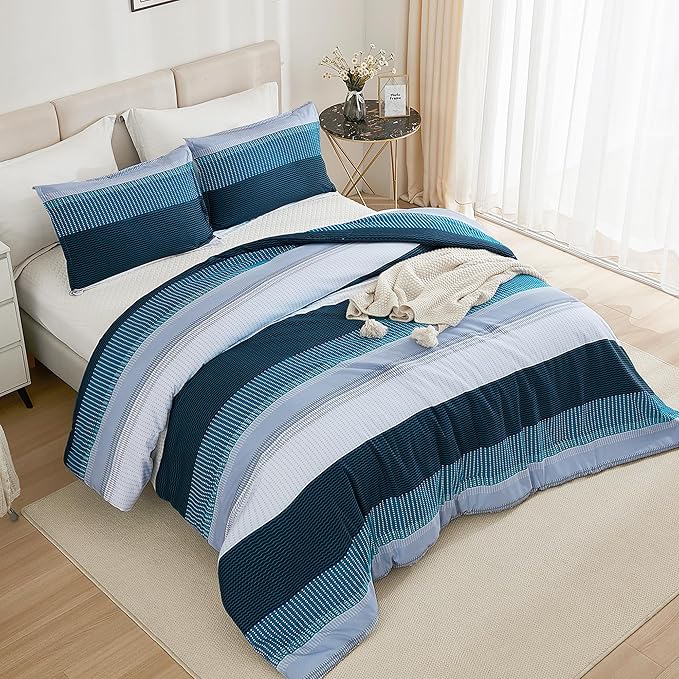 Litanika Navy Blue Comforter Twin/Twin XL Size Set, 2 Pieces Boys Men Bedding Set, Single Blue White Colorblock Striped Bed Set (66x90In Comforter & 1 Pillowcase) - LeafyLoom