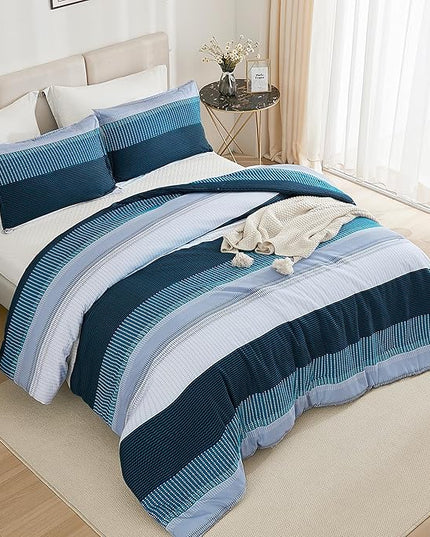 Litanika Navy Blue Comforter Queen Size Set, 3 Pieces Bedding Set, Double Blue White Colorblock Stripe (90x90In Comforter, 2 Pillowcases) - LeafyLoom