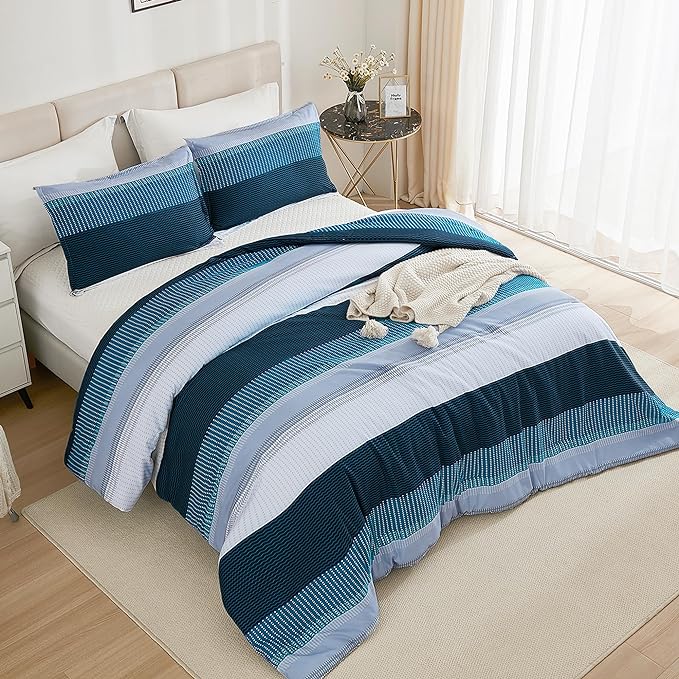 Litanika Navy Blue Comforter King Size Set, 3 Pieces Bedding Set, Blue White Colorblock Stripe (104x90In Comforter & 2 Pillowcases) - LeafyLoom