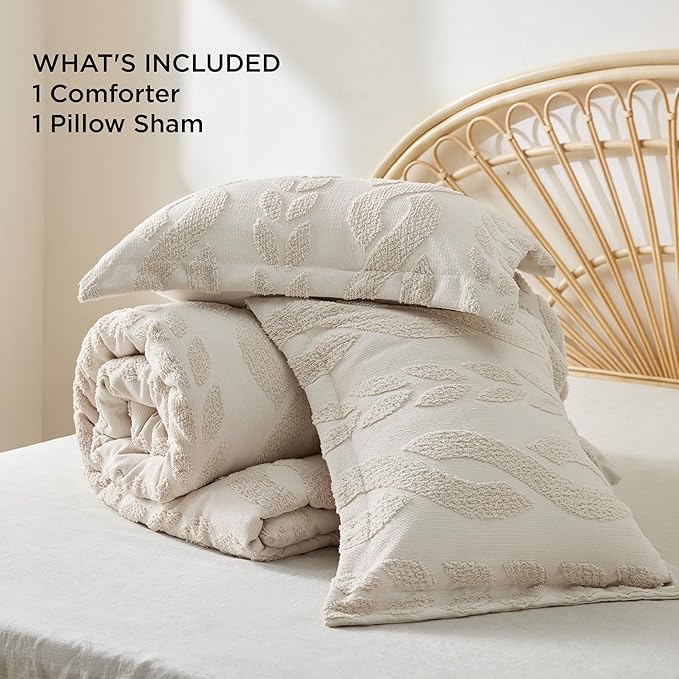 Bedsure Twin/Twin XL Size Comforter Set Beige, Boho Tufted Bedding Comforter Set, Farmhouse Jacquard Cable Knit Pattern Bed Set, 2 Pieces, 1 Shabby Chic Fluffy Comforter & 1 Pillow Sham - LeafyLoom