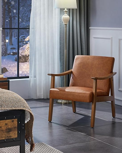 Yaheetech PU Leather Accent Chair, Mid-Century Modern Armchair with Solid Wood Legs, Reading Leisure Chair with High Back for Living Room Bedroom Waiting Room, Light Brown - LeafyLoom