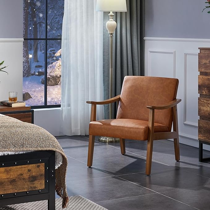 Yaheetech PU Leather Accent Chair, Mid-Century Modern Armchair with Solid Wood Legs, Reading Leisure Chair with High Back for Living Room Bedroom Waiting Room, Light Brown - LeafyLoom