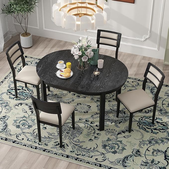 Multifunctional Farmhouse Extendable Round, 2 Small Drawers and 4 Upholstered Chairs, Room, Kitchen, 5 Piece Dining Table Set, Black 20 - LeafyLoom