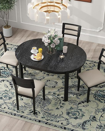 5-Piece Farmhouse Extendable Round Dining Table Set with Two 4 Upholstered Chairs for Kitchen, Breakfast Nook, Living Room, 42"-56" L x 42" W x 30" H, Black(2 Small Drawers) - LeafyLoom