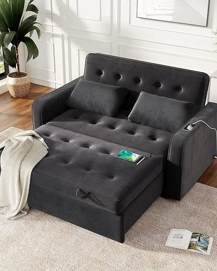 3 in 1 Multi-Functional Pull Out Sofa Bed , Velvet Upholstered Convertible Sleeper Loveseat Couch Guest Daybed with Adjustable Backrest and Dual USB Charging Port for Living Room Office RV Furniture - LeafyLoom