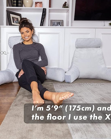 Husband Pillow XXL Light Grey Backrest with Arms - Adult Reading Pillow Shredded Memory Foam, Ultra-Comfy Removable Microplush Cover & Detachable Neck Roll, Unmatched Support Sit Up Bed Rest Chair - LeafyLoom