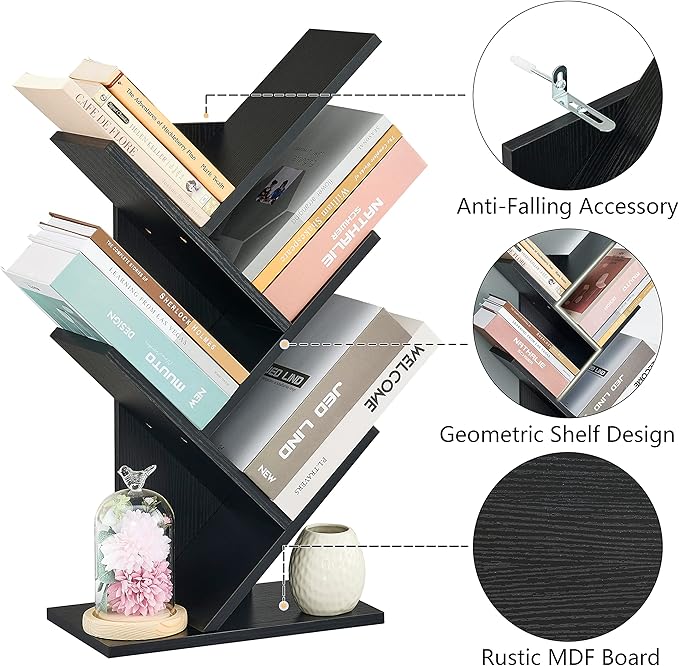 Hoctieon 4 Tier Tree Bookshelf, 4 Shelf Bookcase, Free Standing Tree Bookcase, Display Floor Standing Shelf for Books, Book Organizer Shelves for Home Office, Living Room, Bedroom, Black - LeafyLoom