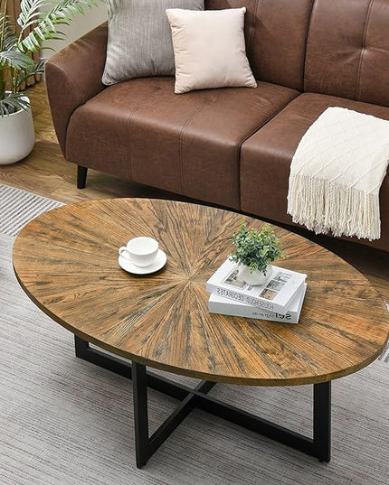 Solid Wood Oval Coffee Table with Cross Metal Legs, 47.9" Industrail Bar Cocktail Table for Living Room Kitchen Office Sofa Table Bristro Table for Cafe/Bar Rustic Brown 1831 - LeafyLoom