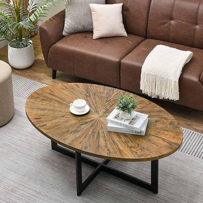 Solid Wood Oval Coffee Table with Cross Metal Legs, 47.9" Industrail Bar Cocktail Table for Living Room Kitchen Office Sofa Table Bristro Table for Cafe/Bar Rustic Brown 1831 - LeafyLoom