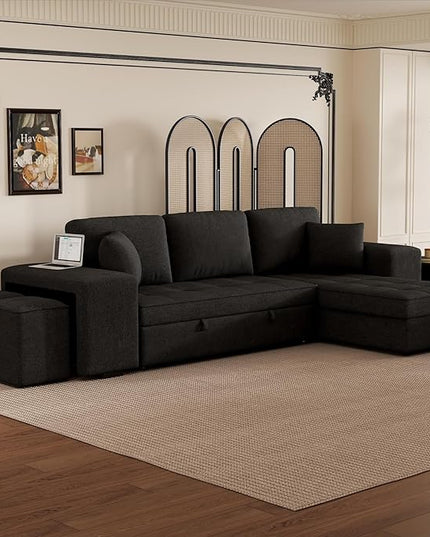 Convertible Futon Bed, Button Tufted Folding Sleeper Adjustable Backrest,Wooden Frame & 2 Pillows Small Sofa & Couches for Living Room,Apartment,Home Decor, Black 104.5" - LeafyLoom