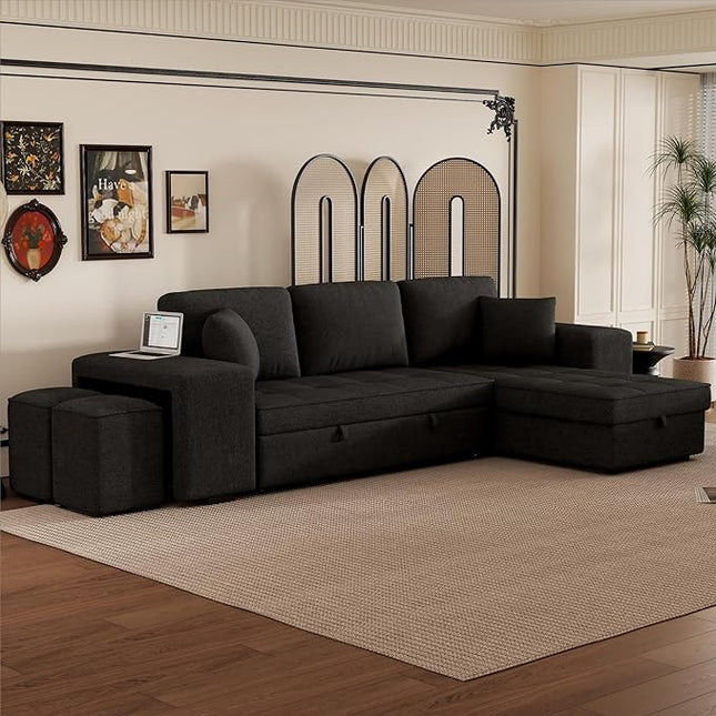 Convertible Futon Bed, Button Tufted Folding Sleeper Adjustable Backrest,Wooden Frame & 2 Pillows Small Sofa & Couches for Living Room,Apartment,Home Decor, Black 104.5" - LeafyLoom