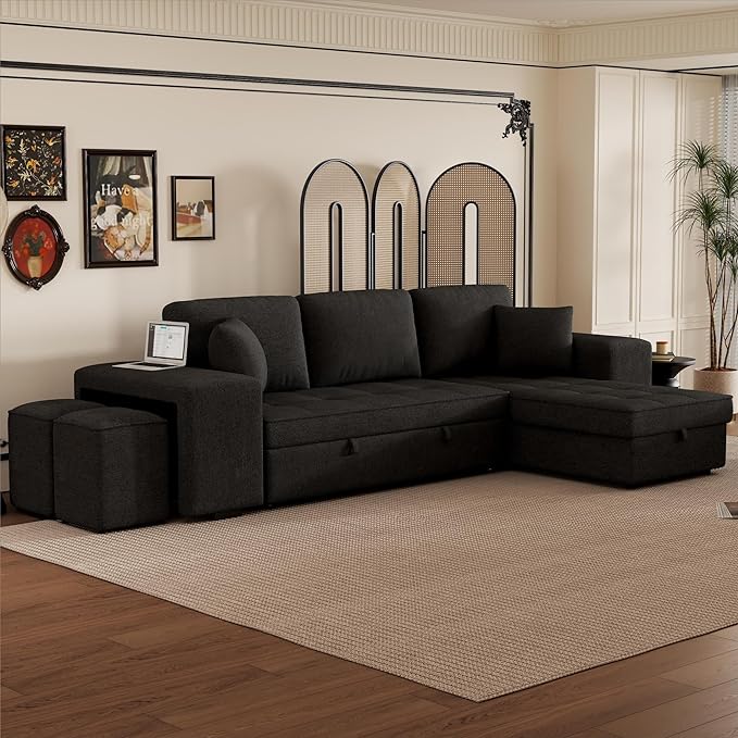 Convertible Futon Bed, Button Tufted Folding Sleeper Adjustable Backrest,Wooden Frame & 2 Pillows Small Sofa & Couches for Living Room,Apartment,Home Decor, Black 104.5" - LeafyLoom