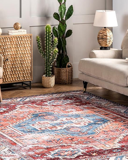 nuLOOM Marli Machine Washable Faded Medallion Ultra Thin Runner Rug, 2' 6" x 8', Rust - LeafyLoom