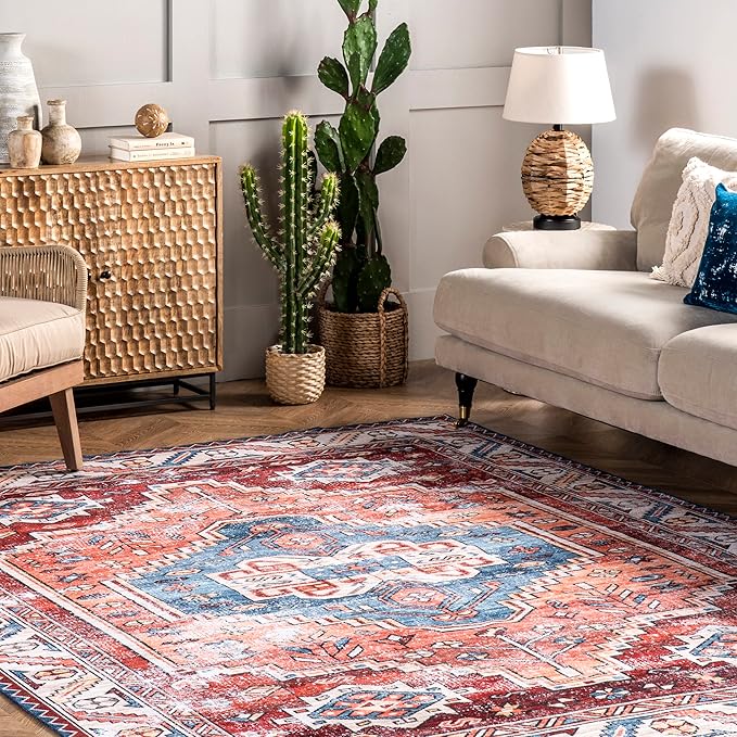 nuLOOM Marli Machine Washable Faded Medallion Ultra Thin Runner Rug, 2' 6" x 8', Rust - LeafyLoom