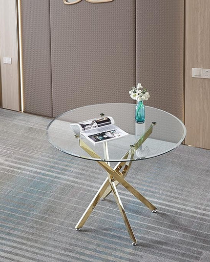 NicBex Modern Round Glass Dining Table Contemporary Round Clear Dining Tempered Glass Table with Gold Finish Stainless Steel Legs for Kitchen Dining Living Meeting Room Banquet Hall, Gold - LeafyLoom