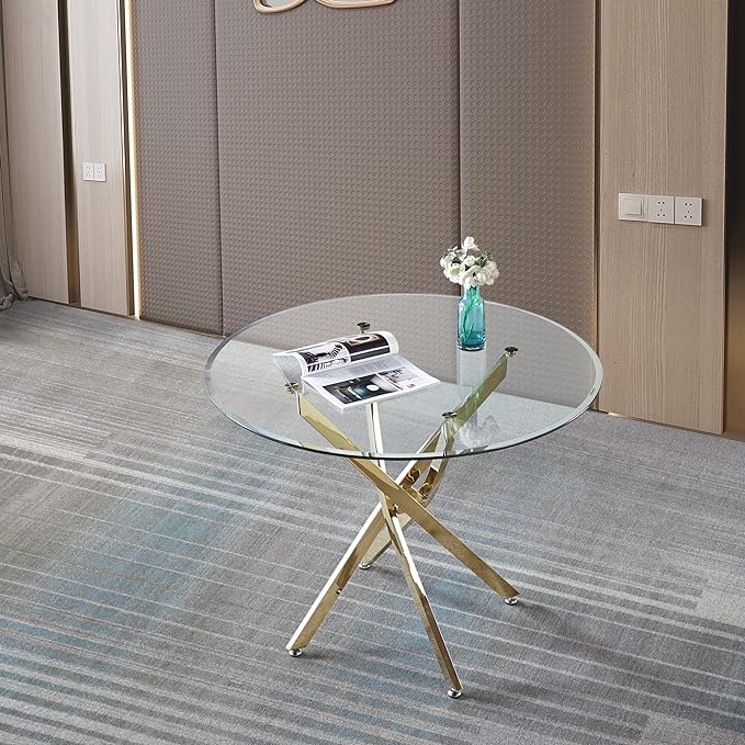 NicBex Modern Round Glass Dining Table Contemporary Round Clear Dining Tempered Glass Table with Gold Finish Stainless Steel Legs for Kitchen Dining Living Meeting Room Banquet Hall, Gold - LeafyLoom