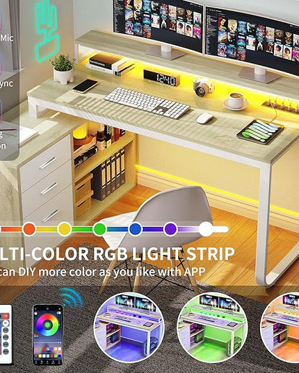 YITAHOME L Shaped Desk with Drawers, 55" Corner Computer Desk with Power Outlets, L-Shaped Desk with LED Lights & File Cabinet for Home Office, White & Oak - LeafyLoom