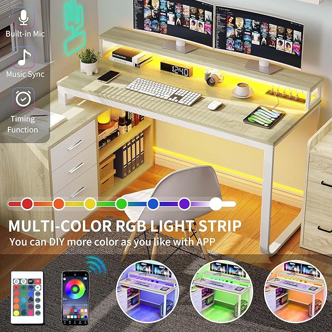 YITAHOME L Shaped Desk with Drawers, 55" Corner Computer Desk with Power Outlets, L-Shaped Desk with LED Lights & File Cabinet for Home Office, White & Oak - LeafyLoom