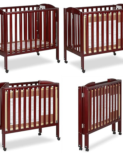 Dream On Me 3 in 1 Portable Folding Stationary Side Crib in Cherry, Greenguard Gold Certified, Safety Wheel with Locking Casters, Convertible, 3 Mattress Heights - LeafyLoom