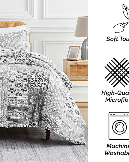 Southshore Fine Living, Inc. Full/Queen Size Comforter Bedding Set with Pillow Shams, Reversible Global Patchwork Quilt is 2 Colors in 1 - Alternative Down Comforter Queen/Full, Grey & White - LeafyLoom