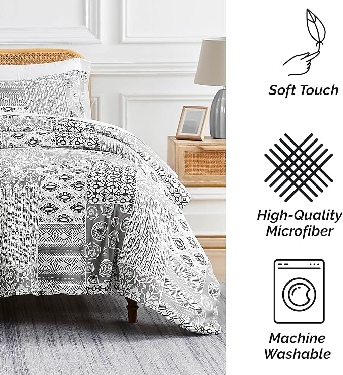 Southshore Fine Living, Inc. Full/Queen Size Comforter Bedding Set with Pillow Shams, Reversible Global Patchwork Quilt is 2 Colors in 1 - Alternative Down Comforter Queen/Full, Grey & White - LeafyLoom
