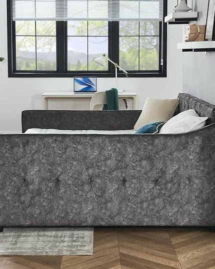 Queen Size Upholstered Daybed with Two Storage Drawers, Tufted Sofa Bed w/Waved Shape Arms, for Bedroom Living Room, No Box Spring Needed & Space-Saving Design, Grey - LeafyLoom
