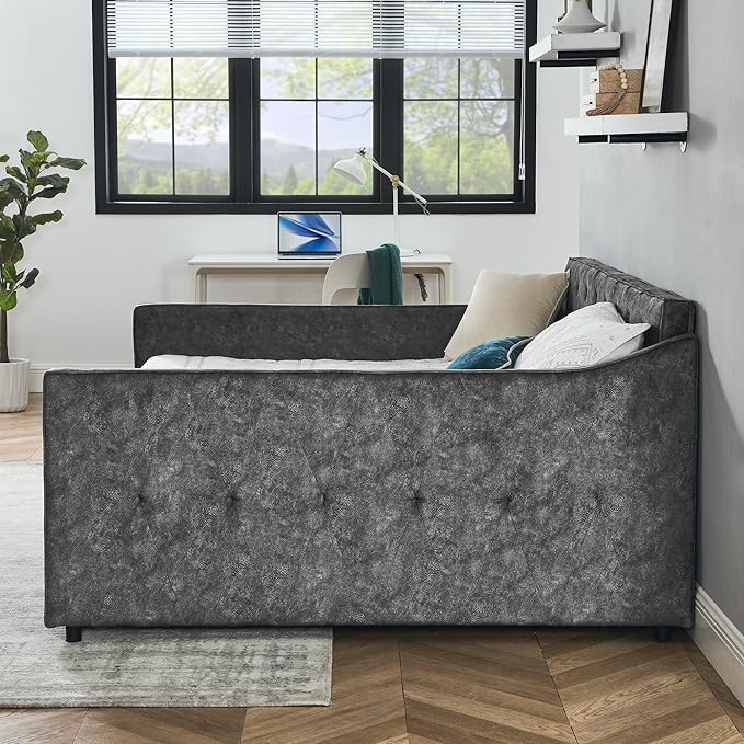 Queen Size Upholstered Daybed with Two Storage Drawers, Tufted Sofa Bed w/Waved Shape Arms, for Bedroom Living Room, No Box Spring Needed & Space-Saving Design, Grey - LeafyLoom