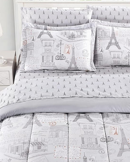 Printed Queen Bedding Sets with Comforter and Sheets, 7 Piece Bed in A Bag Comforter Set with Fluffy Microfiber, Vintage French Paris City Retro Eiffel Tower Pattern - LeafyLoom