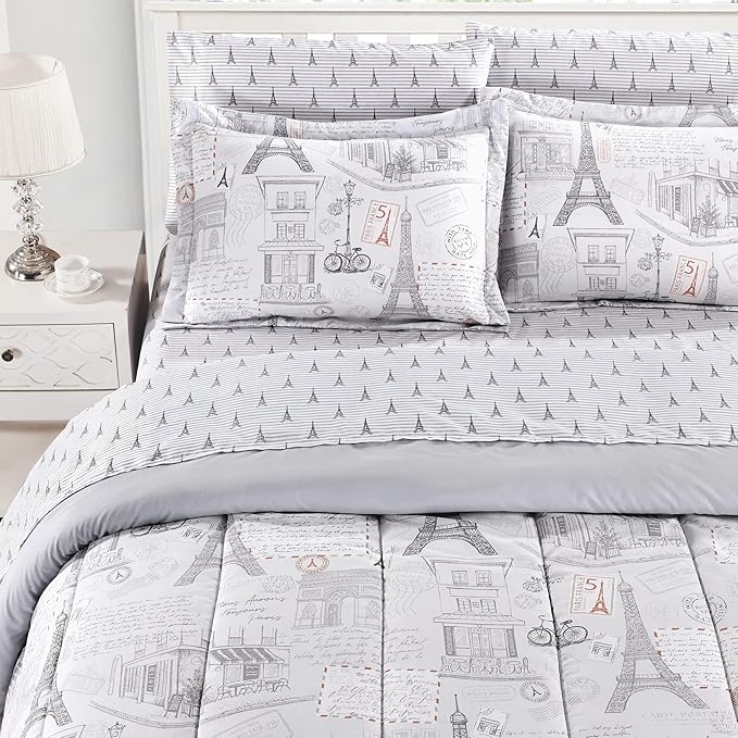 Printed Queen Bedding Sets with Comforter and Sheets, 7 Piece Bed in A Bag Comforter Set with Fluffy Microfiber, Vintage French Paris City Retro Eiffel Tower Pattern - LeafyLoom