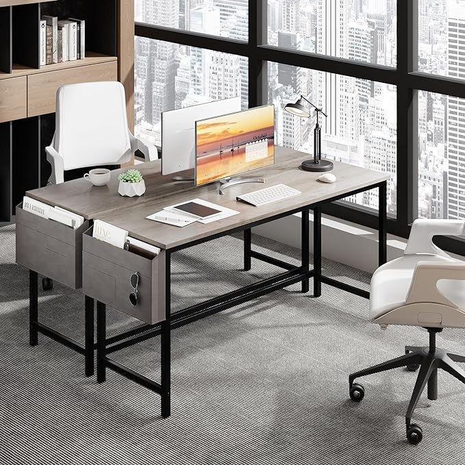 Shintenchi 63 inch Computer Desk with Storage Bag, Study Workstation Modern Simple Design for Home Office, Student Writing Desk, Office Working Desk, Gray - LeafyLoom