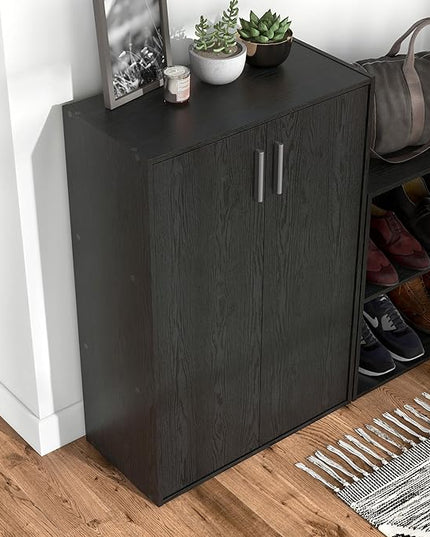 Apexa Stackable Wood Bookcase with Doors, Cube Storage Organizer Shelves, Small Food Pantry, Dorm Teen Room Decor & Bedroom, Home Office, Kitchen, 3-Tier Cabinet, Black - LeafyLoom