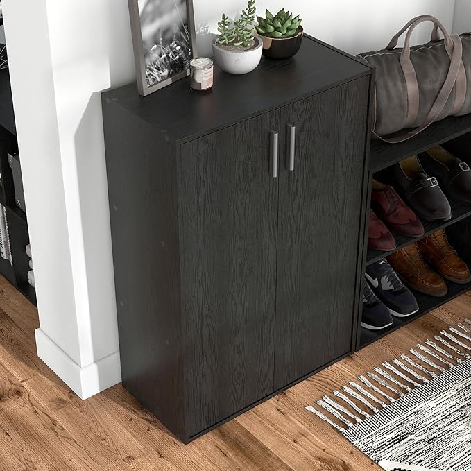 Apexa Stackable Wood Bookcase with Doors, Cube Storage Organizer Shelves, Small Food Pantry, Dorm Teen Room Decor & Bedroom, Home Office, Kitchen, 3-Tier Cabinet, Black - LeafyLoom