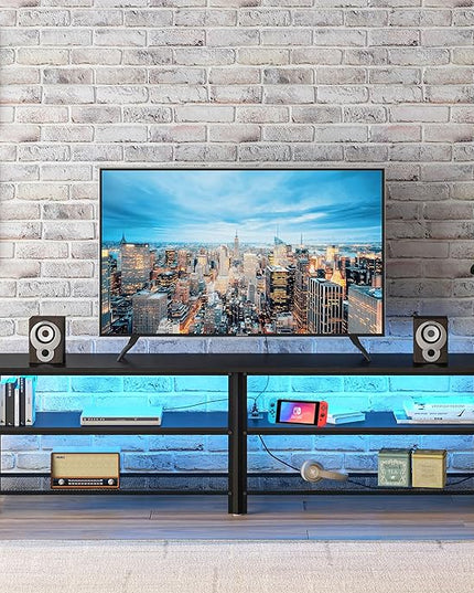 Clikuutory Modern Black 71 inch Metal TV Stand with LED Lights and Power Outlets for 50 60 65 70 75 80 Inch TVs, 3 Tier Television Stands with Entertainment Center and Storage for Living Room, Bedroom - LeafyLoom