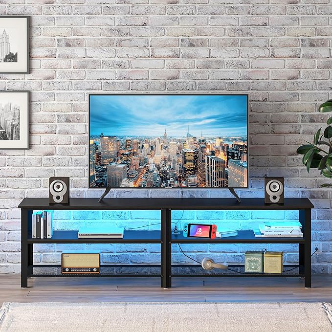 Clikuutory Modern Black 71 inch Metal TV Stand with LED Lights and Power Outlets for 50 60 65 70 75 80 Inch TVs, 3 Tier Television Stands with Entertainment Center and Storage for Living Room, Bedroom - LeafyLoom