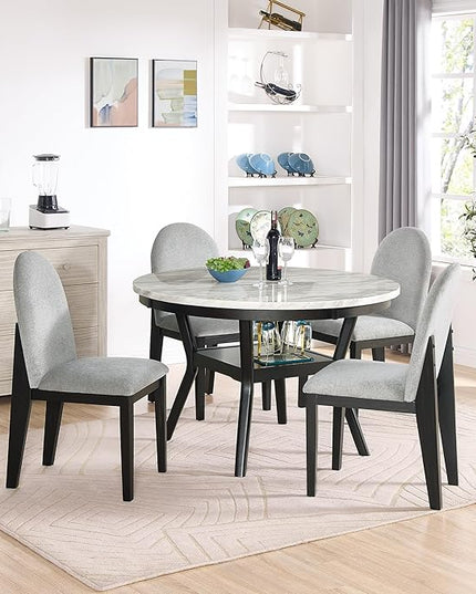 RITSU 5 Piece Round Set, Solid Wood Dining Table with Storage Shelf and 4 Upholstered Chairs, for Kitchen Farmhouse, Apartment, Restaurant, Gray - LeafyLoom
