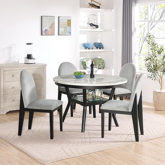 RITSU 5 Piece Round Set, Solid Wood Dining Table with Storage Shelf and 4 Upholstered Chairs, for Kitchen Farmhouse, Apartment, Restaurant, Gray - LeafyLoom