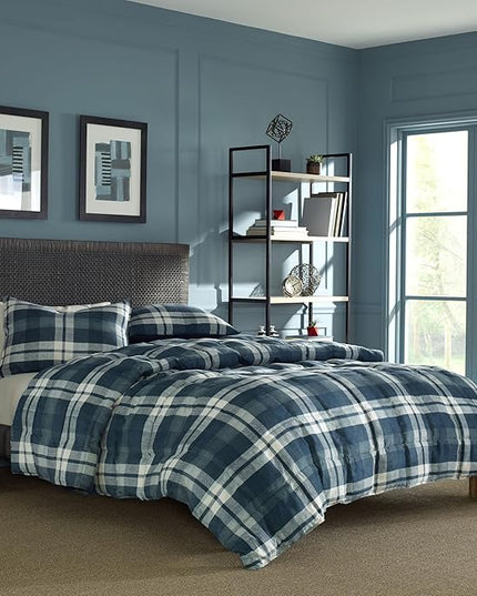 Nautica Home Ultra Soft & Cozy Microsuede Reversible Plaid Quilted Comforter Matching Shams, 3-Piece Bedding Set, Queen, Navy/Blue/White - LeafyLoom