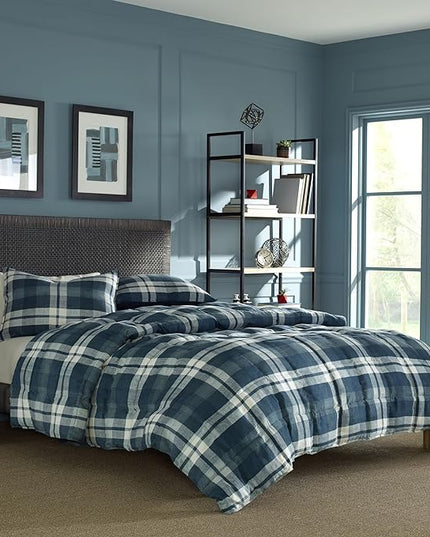 Nautica - King Size Comforter Set, Reversible Bedding with Matching Shams, Stylish Plaid Home Decor (Crossview Navy, King) - LeafyLoom