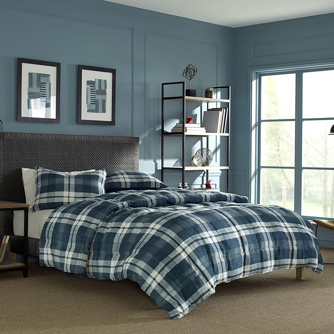 Nautica - King Size Comforter Set, Reversible Bedding with Matching Shams, Stylish Plaid Home Decor (Crossview Navy, King) - LeafyLoom
