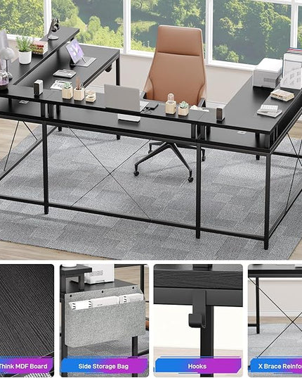 U Shaped Computer Gaming Desk, Reversible L Shaped Desk with Power Outlets, LED Strip & Monitor Stand, Large Corner Desk with Storage Shelves for Home Office, Black - LeafyLoom