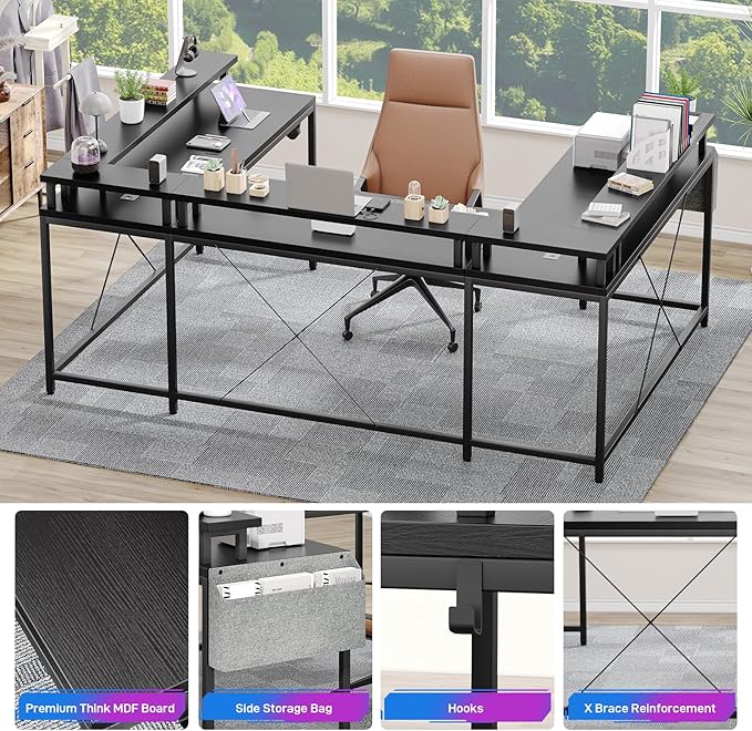 U Shaped Computer Gaming Desk, Reversible L Shaped Desk with Power Outlets, LED Strip & Monitor Stand, Large Corner Desk with Storage Shelves for Home Office, Black - LeafyLoom