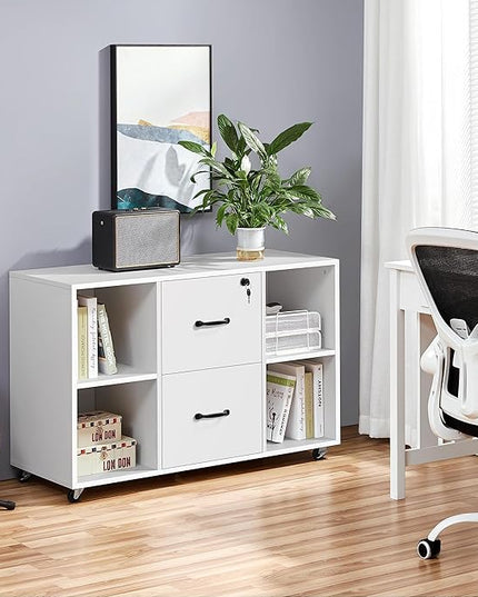 Yaheetech White File Cabinet Mobile Letter Size File Cabinet with 2 Drawers and 4 Open Storage Shelves Large Mobile Lateral Filing Cabinet Printer Stand for Home and Office - LeafyLoom