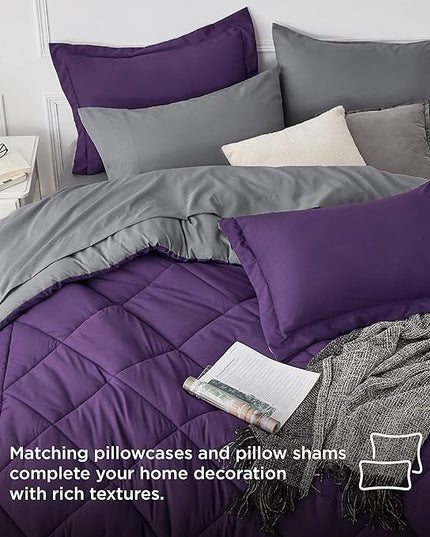 Bedsure Purple Twin Comforter Sets - 5 Pieces Reversible Twin Bedding Sets for College, Purple Extra Long Bed Set Twin with Comforters, Sheets, Pillowcase & Sham - LeafyLoom