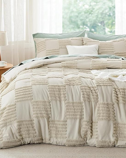 Bedsure Queen Size Comforter Set Linen, Boho Tufted Bedding Comforter Set, Grande Checkered Farmhouse Shabby Chic Bed Set, 3 Pieces, 1 Plaid Geometric Comforter and 2 Pillow Shams - LeafyLoom